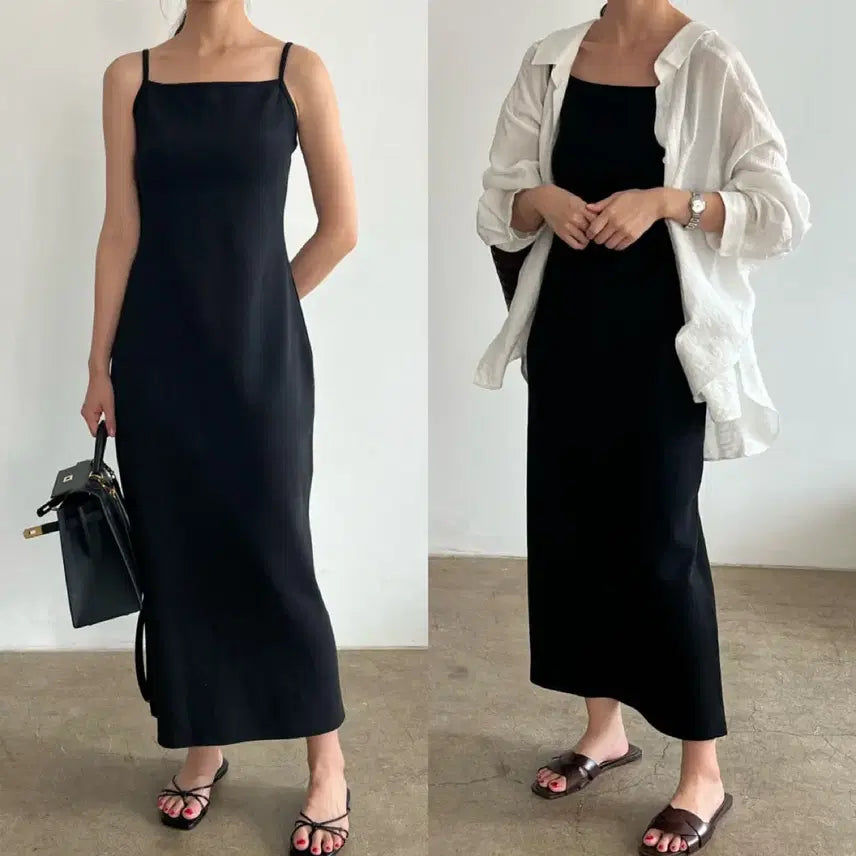 [BUNJANG] Black Layered Sleeveless Long Dress / 블랙 레이어드 나시 롱 원피스