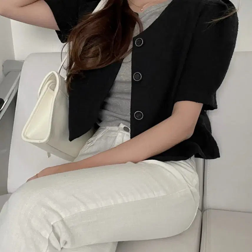 [BUNJANG] J.Elf Hince Tweed Blouse Short Sleeve Jacket Black / 제이엘프 힌스 트위드 블라우스 블랙 FREE 반팔 자켓 판매합니다.