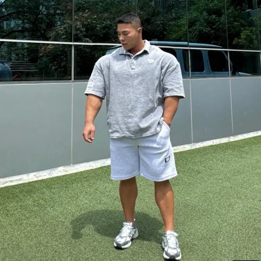 [BUNJANG] Appdo Towel Fabric Oversized Collar T-shirt Grey L / 압도 타올지 오버핏 카라티 그레이 L
