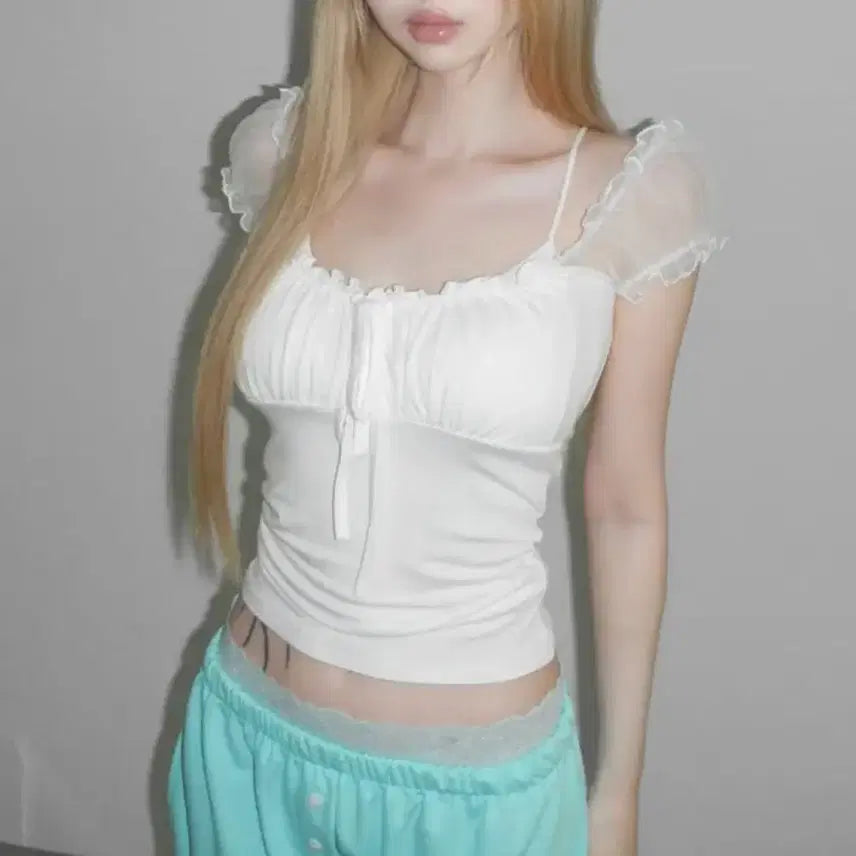 [BUNJANG] The Air Town Chloe Mesh Shirring Top - White / (새상품) 디에어타운 chloe mesh shirring top - white