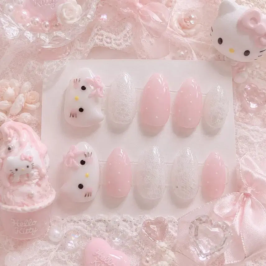 [BUNJANG] Handmade Pink Kitty Lace Nail Tips / 뽀얀핑크 키티 레이스 수제네일팁