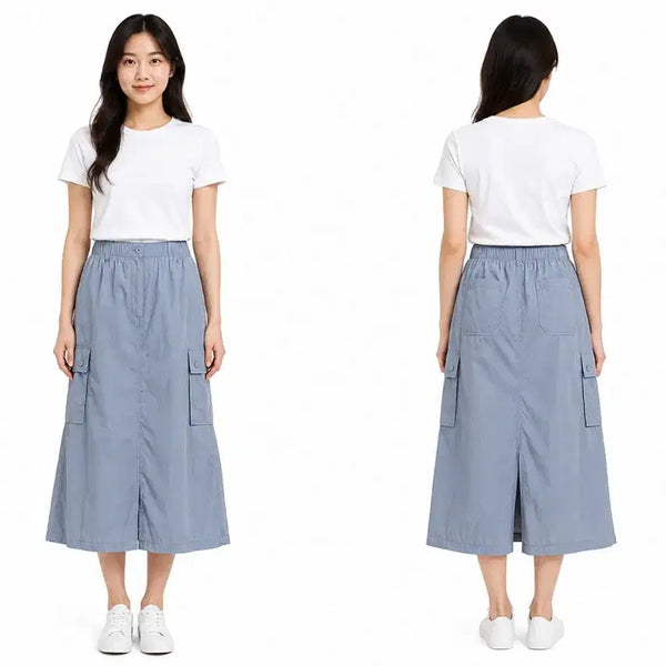 [BUNJANG] Long Baggy Cotton Blend Skirt (Blue/Black) / 롱 카코 바스락 스커트 2종 블루/블랙