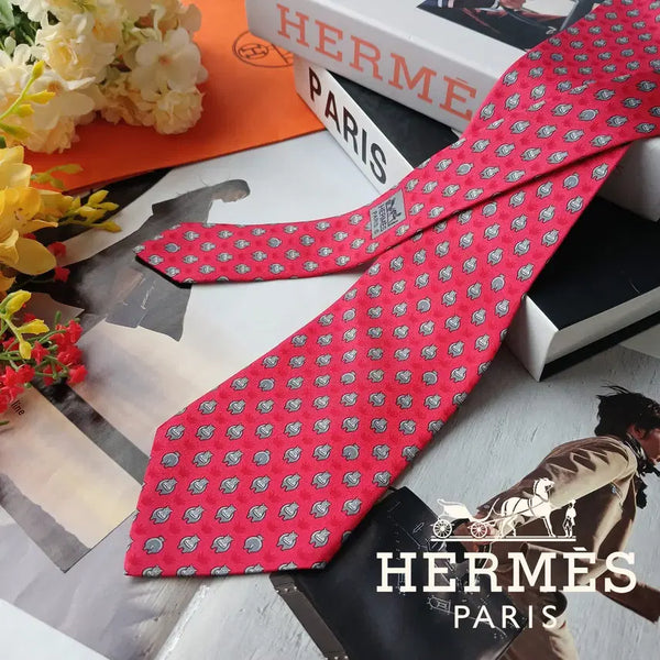 [BUNJANG] Hermes Silk Hippo Motif Necktie (9.7cm) / 에르메스 실크 레드 하마 모티브 넥타이 9.7cm A+~A등급 E1683