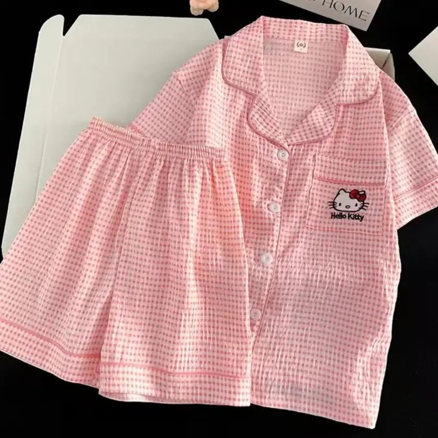 [BUNJANG] Pink Check Embroidered Kitty Pajama Set / 핑크 체크 자수 키티 잠옷세트