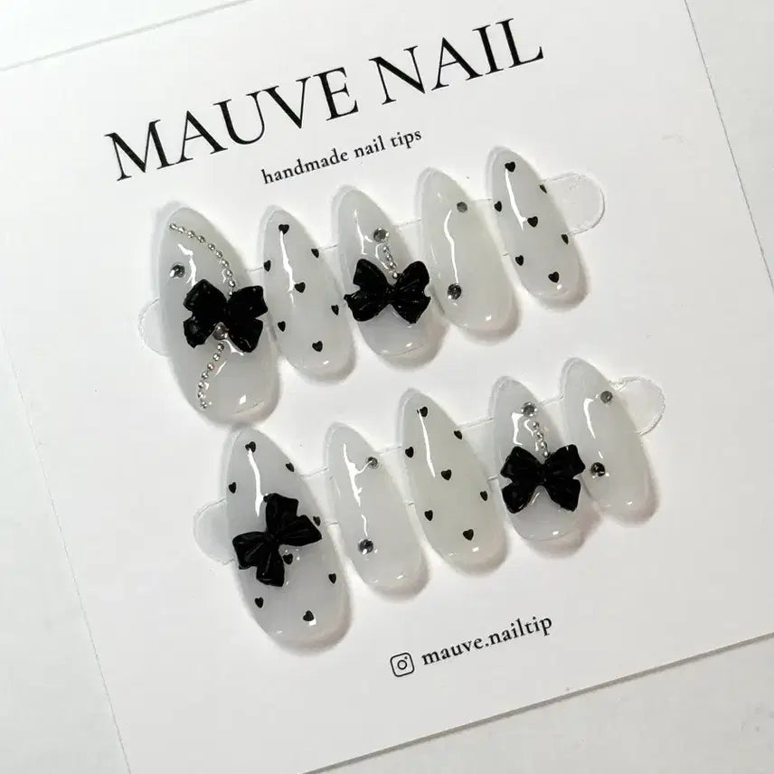[BUNJANG] Handmade Black Ribbon Heart Cubic Nail Tips / 블랙 리본 하트 큐빅 수제 네일팁