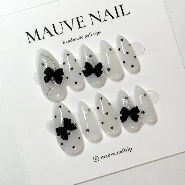 [BUNJANG] Handmade Black Ribbon Heart Cubic Nail Tips / 블랙 리본 하트 큐빅 수제 네일팁