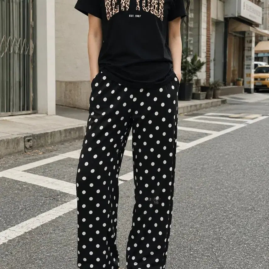 [BUNJANG] Leopard Print T-Shirt & Polka Dot Pants Set / 새상품 호피티 & 땡땡이 바지 세트