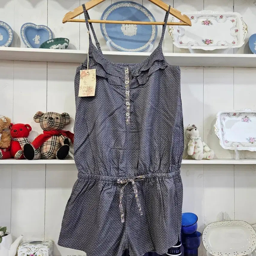 [BUNJANG] Floral Tag Dot Frill Jumpsuit / 플로럴 태그 도트 프릴 점프수트