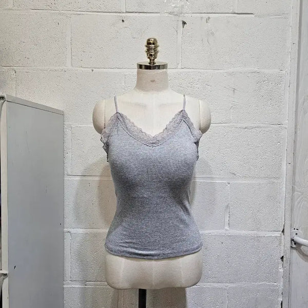 [BUNJANG] Built-in Bra Lace Soft Plain Camisole - Grey / 캡내장 레이스 부드러운 무지 나시- 그레이