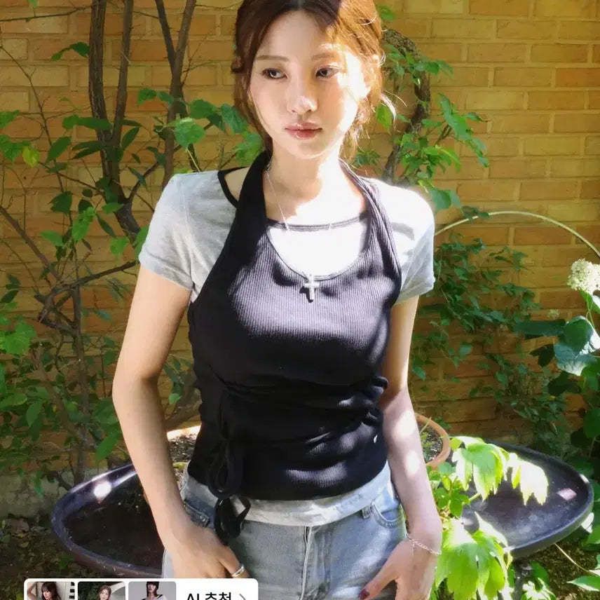 [BUNJANG] Second Salt Ribbed Halterneck T-shirt (Melange Grey) / 무신사 세컨드솔트 스트랩 레이어드 골지 홀터넥 티셔츠 (멜란지그레이)