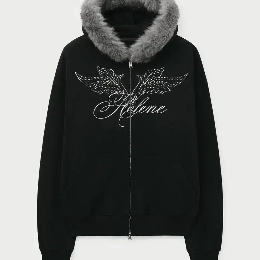 [BUNJANG] Helene Paris Angel Lettering Fur Trimmed Hooded Zip-Up Black / 헬레네파리스 엔젤 레터링 퍼 트리밍 후드 집업 블랙