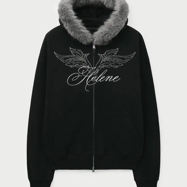 [BUNJANG] Helene Paris Angel Lettering Fur Trimmed Hooded Zip-Up Black / 헬레네파리스 엔젤 레터링 퍼 트리밍 후드 집업 블랙