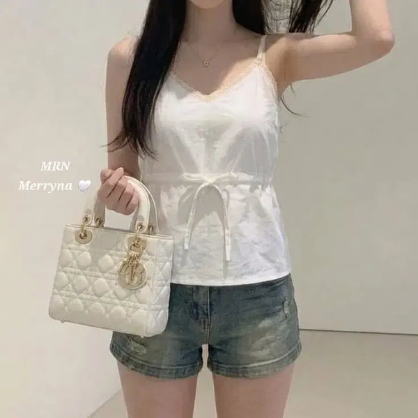 [BUNJANG] Lace Ribbon Sleeveless Blouse (2 Colors) / [빠른배송] 레이스 리본 조임 나시 블라우스 2color