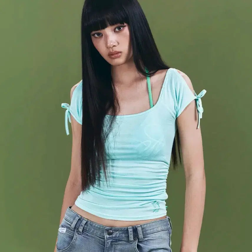 [BUNJANG] Please No Follow Vane Shirring Sleeve Top Soda / 플리즈노팔로우 플노팔 배인 셔링 슬리브 탑 소다 vane top