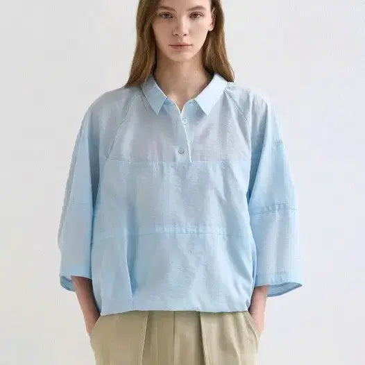 [BUNJANG] SYSTEM Panel Pleated Hem Blouse - Light Blue / SYSTEM 패널 플리티드 헴 블라우스 라이트 블루