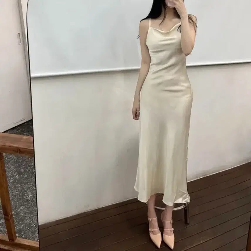 [BUNJANG] High-Quality Silk Satin Drape Long Dress / 고퀄리티 실크 새틴 드레이프 롱원피스