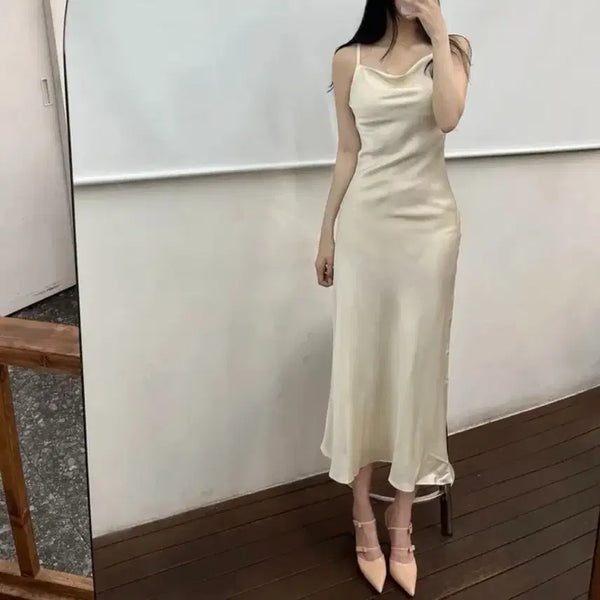 [BUNJANG] High-Quality Silk Satin Drape Long Dress / 고퀄리티 실크 새틴 드레이프 롱원피스