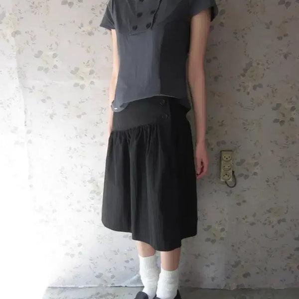 [BUNJANG] Two-Button Diagonal Midi Skirt - Black (Free Size) / (1회피팅) 택비포함 투버튼 사선 미디 스커트 free사이즈 블랙