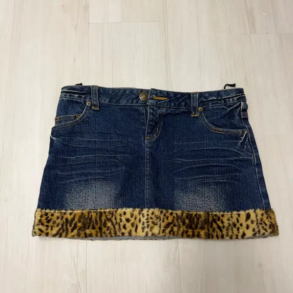 [BUNJANG] Japanese Vintage Leopard Print Denim Skirt / 일본 빈티지 갸루 호피 데님 스커트