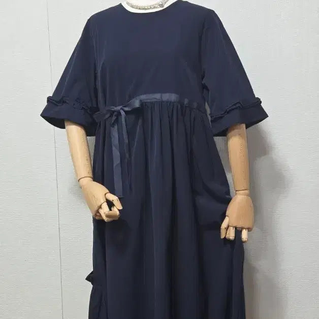 [BUNJANG] Navy Long Dress with Ribbon Accent / 네이비 롱원피스
