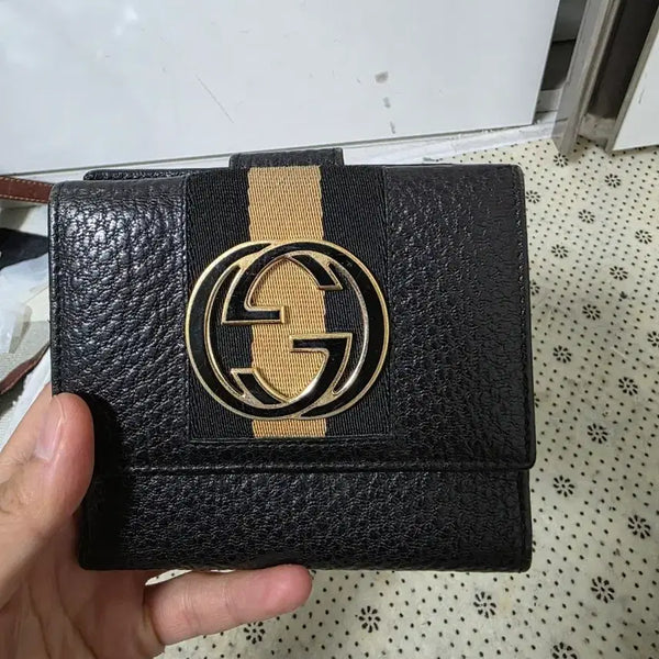 [BUNJANG] Gucci Black Gold Logo Stripe Women's Bifold Wallet / 구찌 블랙 금장 로고 스트라이프 여성 반지갑(정품)