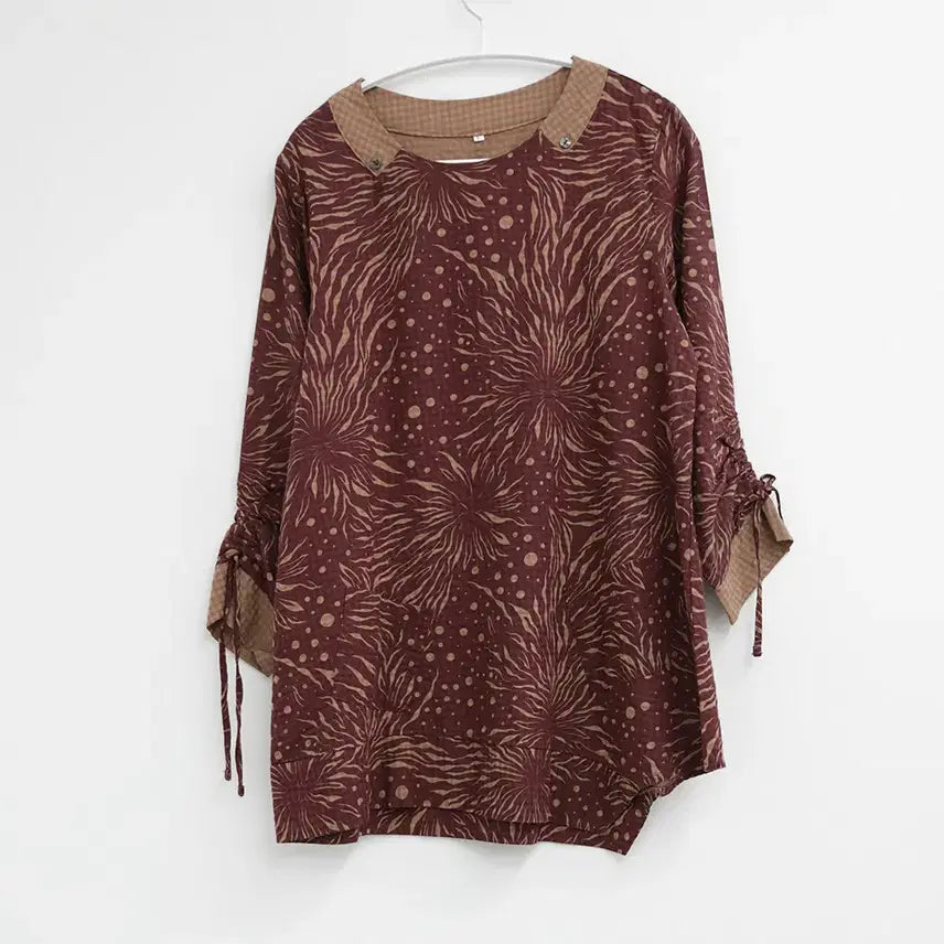 [BUNJANG] Brown Burgundy Pattern Round Long Sleeve Blouse / 브라운 버건디 패턴 라운드 긴팔 블라우스