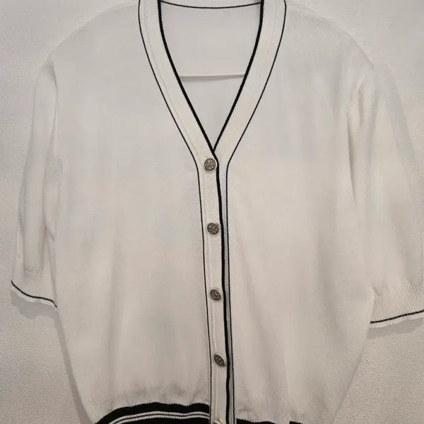 [BUNJANG] White Contrast Short Sleeve Knit Cardigan / 화이트 배색 반팔 니트 가디건