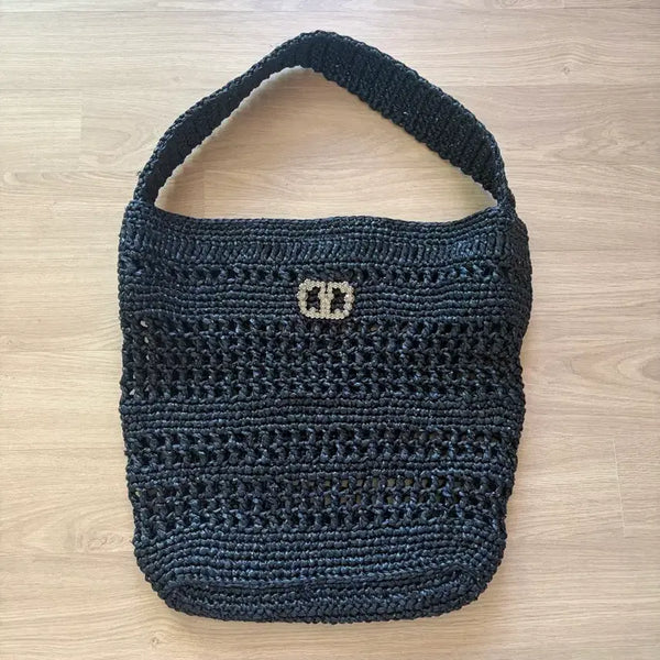 [BUNJANG] TIME (by Hansem) Emblem Crystal Sequin Glitter Tote Bag / 한섬 타임 TIME 엠블럼 크리스탈 시퀸 글리터 토트백 블랙 위빙가방 숄더 니트백