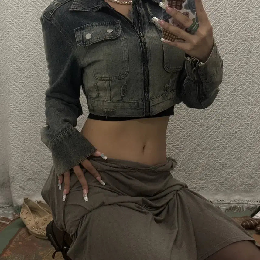 [BUNJANG] Y2K Western Punk Washed Cropped Denim Jacket / Y2K 웨스턴 펑크 아메카지 워싱 크롭 데님 청자켓 K0565