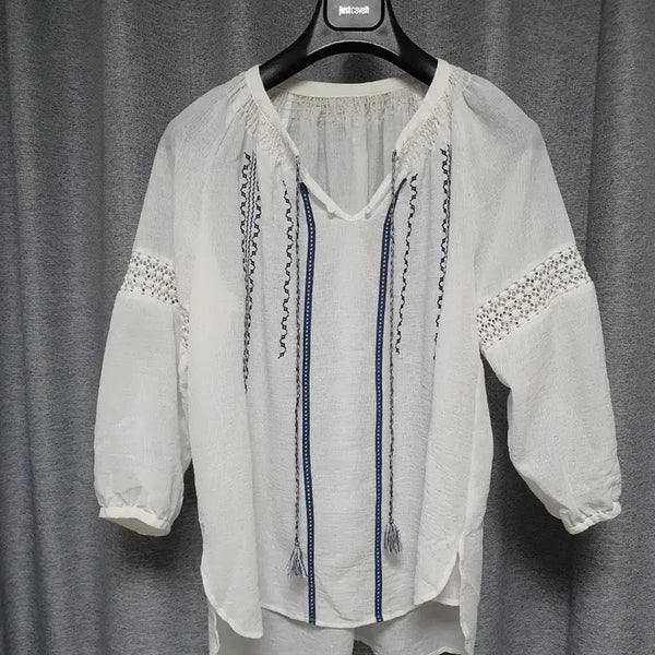 [BUNJANG] Zooc Ethnic Seersucker Eyelet Embroidered Blouse S~M / zooc쥬크 대현 에스닉 마랑스탈 시어서커 아일렛 자수블라우스 s~m