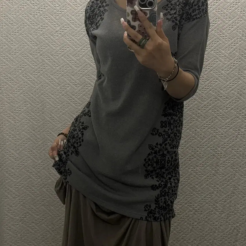 [BUNJANG] Vintage Japan Oriental Damask Pattern Long T-Shirt / 빈티지 재팬 오리엔탈 다마스크 패턴 아방핏 롱 반팔티 K0566