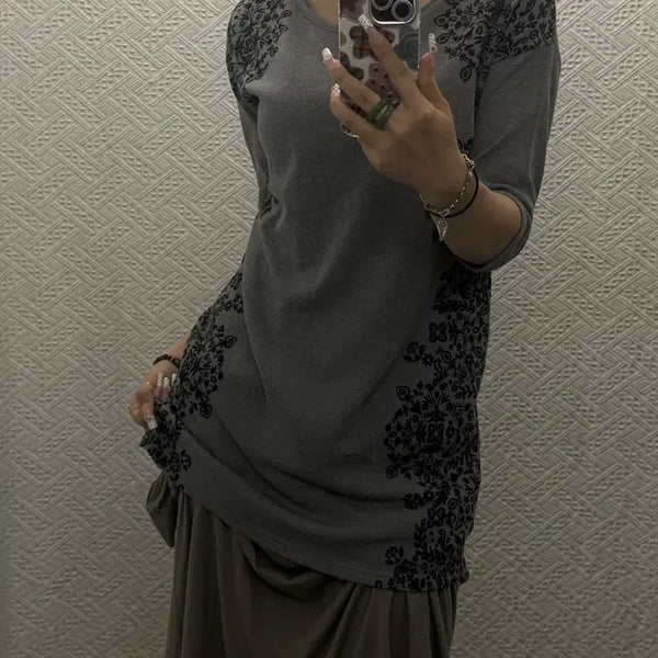[BUNJANG] Vintage Japan Oriental Damask Pattern Long T-Shirt / 빈티지 재팬 오리엔탈 다마스크 패턴 아방핏 롱 반팔티 K0566
