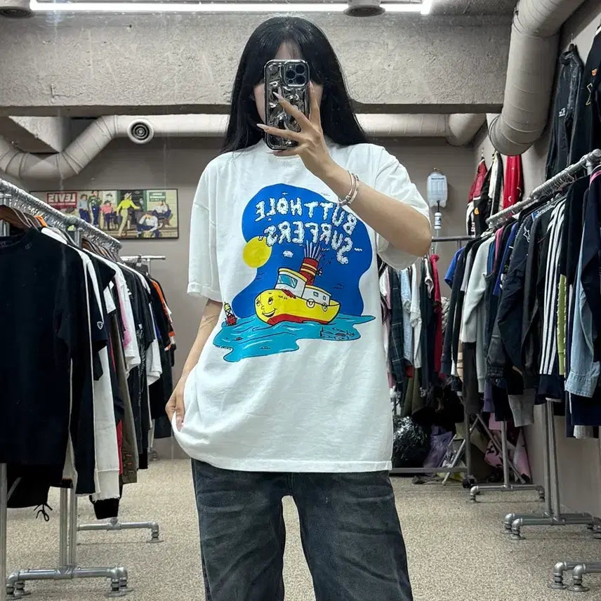 [BUNJANG] Vintage Frank Kozik Boat Illustration Short Sleeve T-Shirt L / 빈티지 프랭크 코직 보트 일러스트 반팔 티셔츠 S109