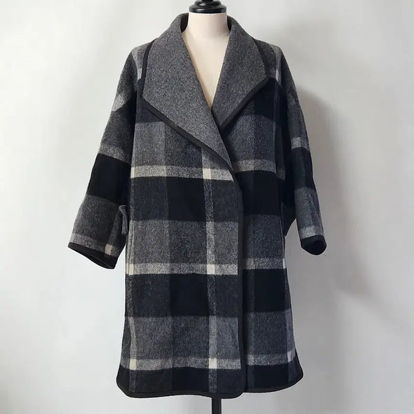 [BUNJANG] IZZAT BABA Wool Blend Check Half Coat (Gray/Black) / 아이잗바바 울 모직 체크 하프 코트 (그레이/블랙) 55