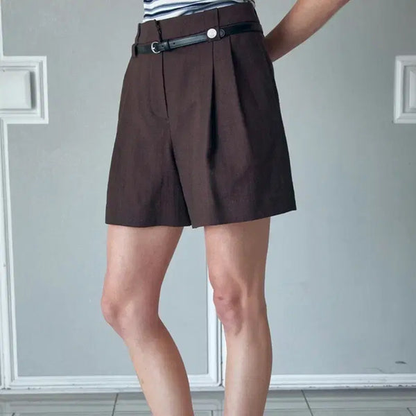[BUNJANG] Linen Half Pants - Brown, Size S / (정가 12만원) 하시에 투 턱 디테일 린넨 하프 팬츠