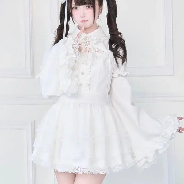 [BUNJANG] NoGenki Lace One-Piece Dress Set with Brooch / NoGenki 노겐키 브로치 포함 레이스 원피스 세트 셋업 양산형
