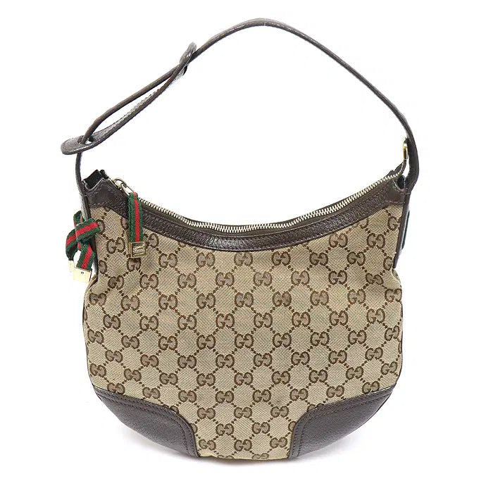[BUNJANG] Gucci Princy Hobo Small Shoulder Bag GG Jacquard Brown Leather / Gucci(구찌) 162895 GG로고 자가드 WEB 리본 Princy 호보 스몰 숄더백 MUJ77979GU