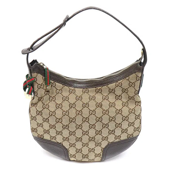 [BUNJANG] Gucci Princy Hobo Small Shoulder Bag GG Jacquard Brown Leather / Gucci(구찌) 162895 GG로고 자가드 WEB 리본 Princy 호보 스몰 숄더백 MUJ77979GU