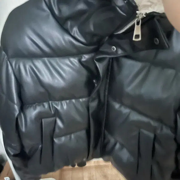 [BUNJANG] Black Leather Short Puffer Jacket / 블랙 레더 숏패딩 F사이즈