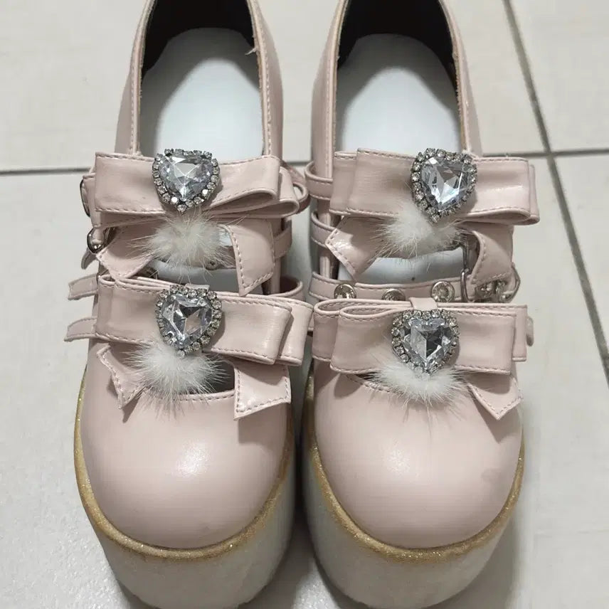 [BUNJANG] Ank Rouge Pompom Ribbon Platform Shoes / Ank Rouge 앙크루즈 폼폼 리본 하트 통굽 핑크색 양산형