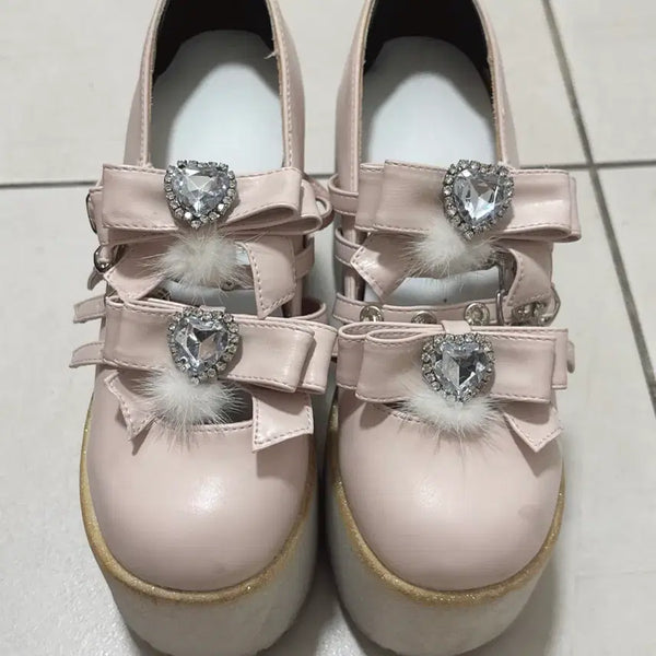 [BUNJANG] Ank Rouge Pompom Ribbon Platform Shoes / Ank Rouge 앙크루즈 폼폼 리본 하트 통굽 핑크색 양산형