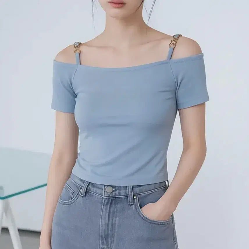 [BUNJANG] Ribbed Off-Shoulder Short Sleeve Top / 골지 끈오프숄더