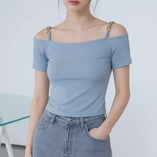 [BUNJANG] Ribbed Off-Shoulder Short Sleeve Top / 골지 끈오프숄더