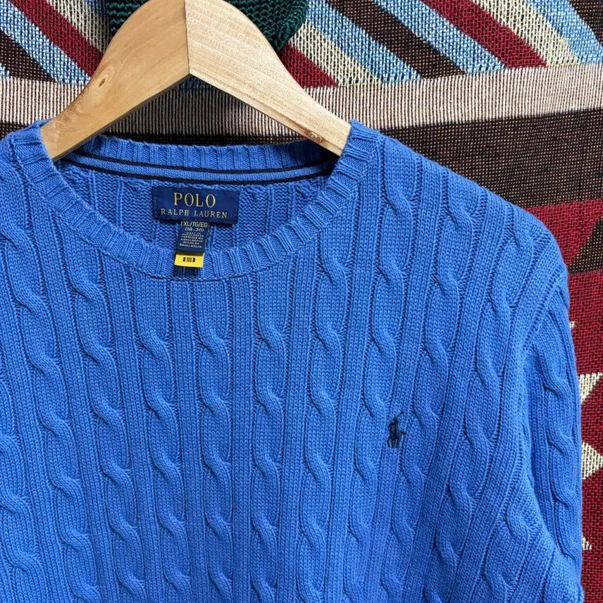 [BUNJANG] Polo Ralph Lauren Cable Knit Sweater Blue / 100) 큐알탭 신형 폴로 랄프로렌 케이블 꽈배기 니트 블루