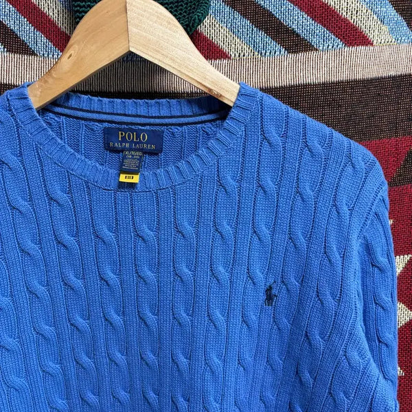 [BUNJANG] Polo Ralph Lauren Cable Knit Sweater Blue / 100) 큐알탭 신형 폴로 랄프로렌 케이블 꽈배기 니트 블루