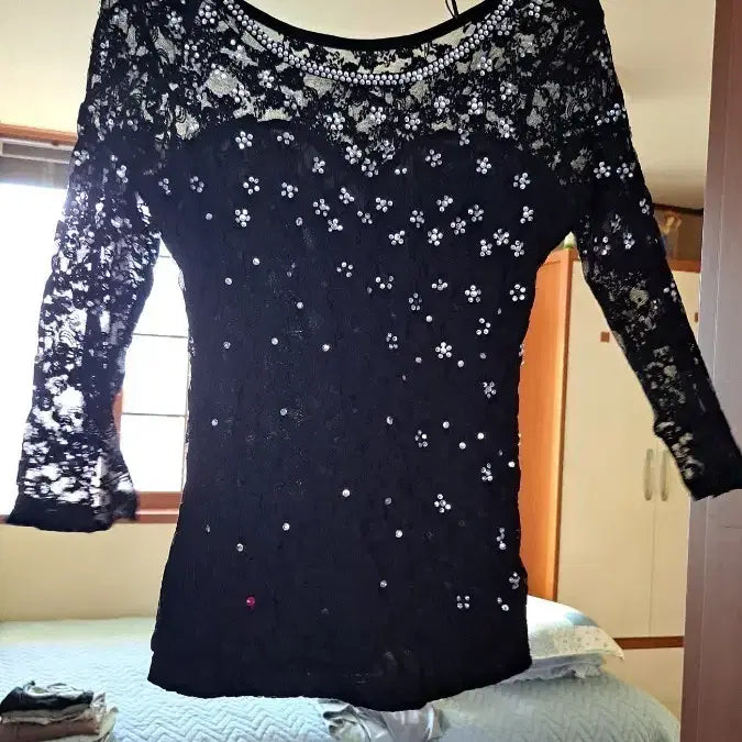 [BUNJANG] Black Lace Dancewear with Silver Beads - Size 55 / 국산댄스복 55