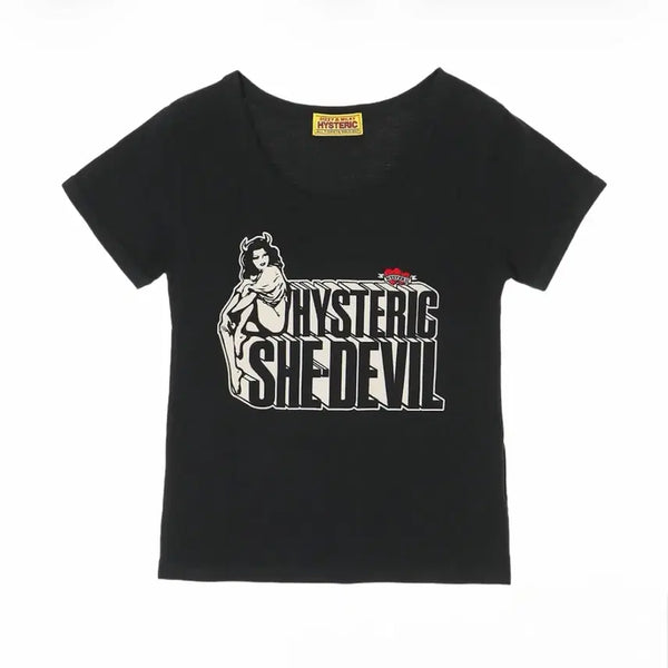 [BUNJANG] Hysteric Glamour SHE Devil Heart Embroidered T-Shirt Black / 히스테릭글래머 SHE 데빌 하트 자수 치비 티셔츠 블랙