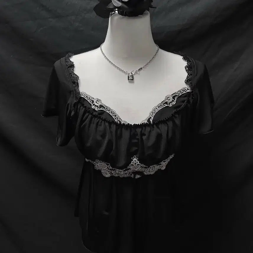 [BUNJANG] OzOn Black Lace Oriental Top / 오즈온 블랙레이스 오리엔탈탑