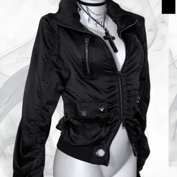 [BUNJANG] Black Two-Way Shirring Zip-Up Jumper / 블랙 투웨이 셔링 집업