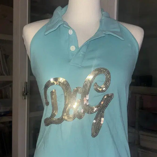 [BUNJANG] Vintage Mint Halterneck Collar T-Shirt / 민트 갸루깔 빈티지 민소매 홀터넥 카라티 라떼갸루 히메오네